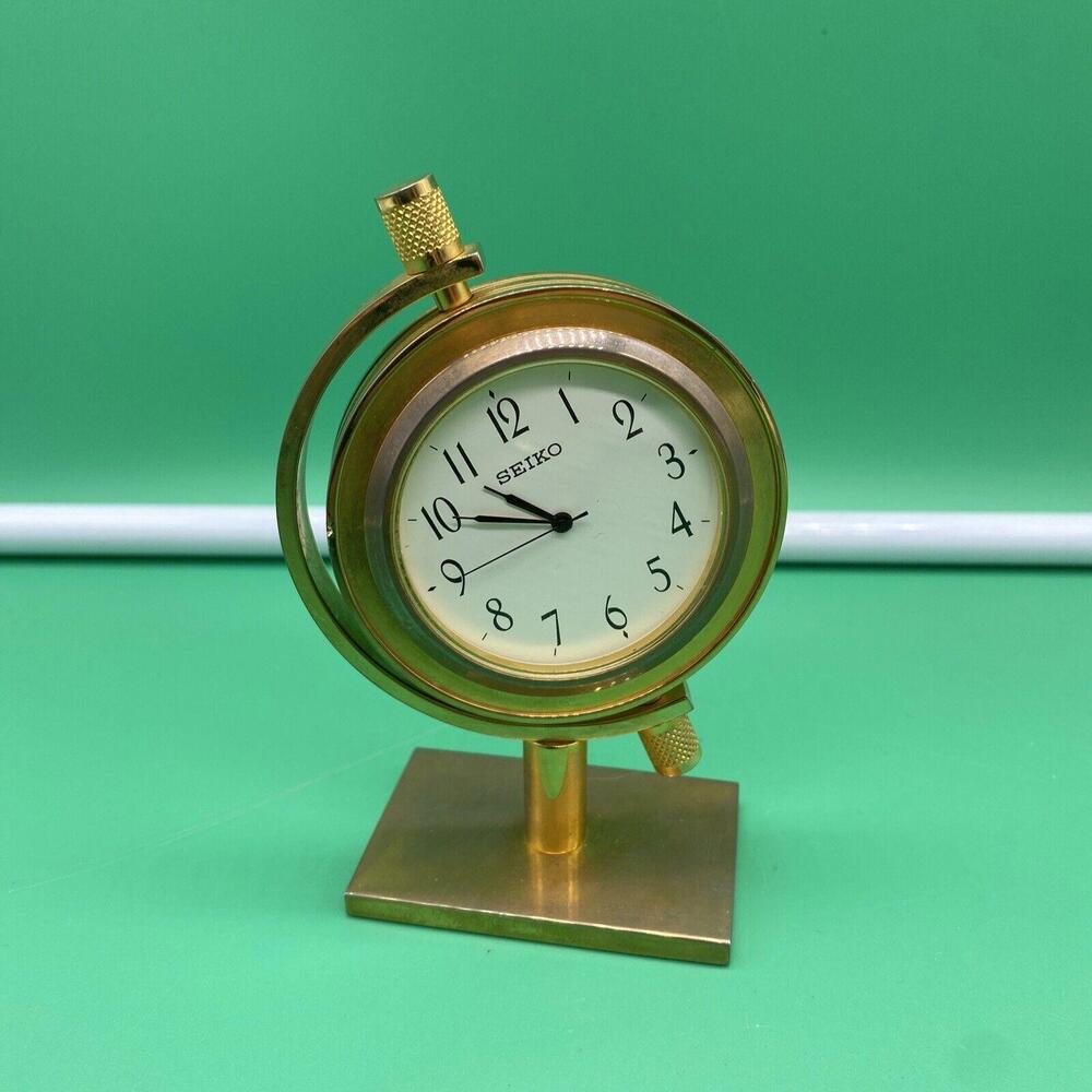 Seiko Desk Table Mantle Clock Gold-Tone Brass Analog Rotating QHG354GLH JAPAN